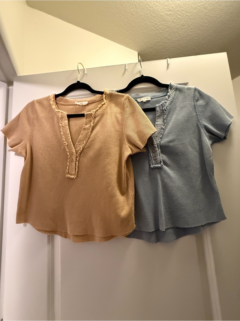 Waffle Knit Split Neck Top - Yellow and Light Blue